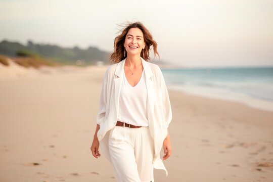 a smiling mature woman in white clothes having a walk in the beach