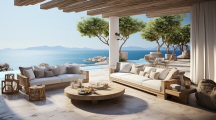 Minimalist greek resort by the sea. Indoor outdoor space with lounging furniture, with cushions and throw. 
