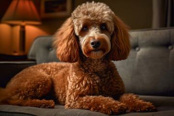 Poodle dog lying on couch looking forward