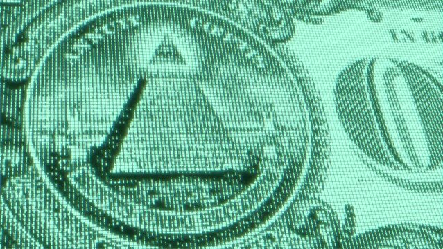 All seeing eye of the new world order and pyramid on usa dollar banknote. Conspiracy theory concept. Digital green abstract background