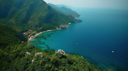 Obraz premium Panorama of blue sea and mountain landscape. View from drone.
