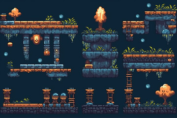 Pixel art tile set for 2d dungeon retro game. Set of ground tiles with grass, stones and torchesfor platformer.