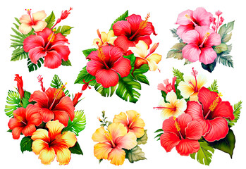 Set of Arrangement from yellow Hibiscus flowers and tropical plants, isolated transparent background, Generative AI - 627789089