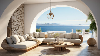 Fototapeta premium Minimalist greek resort by the sea. Indoor outdoor space with lounging furniture, with cushions and throw. Generative AI