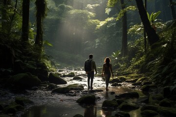 Photograph of couples exploring trails in lush rainforests, Generative AI