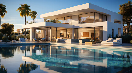 Fototapeta premium Exterior of modern minimalist cubic villa with swimming pool