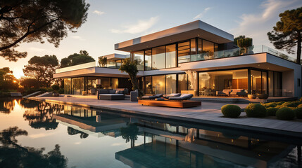 Fototapeta na wymiar Exterior of modern minimalist cubic villa with swimming pool