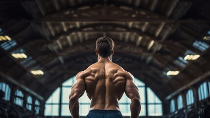 A back shot of a gym athlete showing his back muscles in the gym