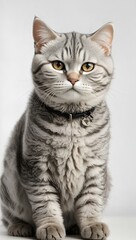 Imagine a striking portrait of a Silver Tabby British Shorthair cat gazing directly at the camera with its captivating eyes. The cat's fur is short, dense, and marked with a beautiful silver-gray coat