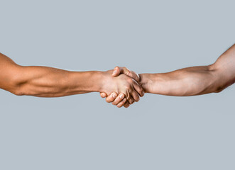 Business handshake and business people concepts. Two men shaking hands isolated on gray background. Close-up image of a firm handshake between two colleagues. Handshakings. Shaking hands two male