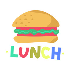 Cartoon humbugger with meat and salad signed with word lunch in kids style. For school children stickers and presentations 