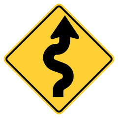 Transparent PNG format Vector graphic of a usa winding road highway sign. It consists of a black arrow with multiple curves within a black and yellow square tilted to 45 degrees