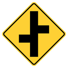 Transparent PNG format Vector graphic of a usa offset side roads sign. A black vertical line with side roads emerging either side of the highway within a black and yellow square tilted to 45 degrees