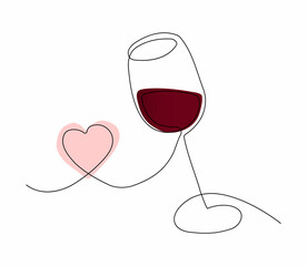Wine glass poster in line art style, one solid line. Modern design. National Wine Day. Holiday concept, logo. Template for background, banner, card, poster with text inscription.