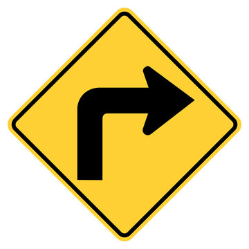 Transparent PNG format Vector graphic of a usa turn highway sign. It consists of a black arrow with a right angle turn within a black and yellow square tilted to 45 degrees