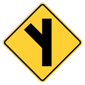 Transparent PNG format Vector graphic of a usa slanted side road junction sign. A black vertical line with a second black line set at an angle within a black and yellow square tilted to 45 degrees