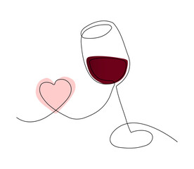 Glass, wine glass in line art style, one solid line. National Wine Day. Holiday concept, logo. Template for background, banner, card, poster with text inscription.Art & Illustration