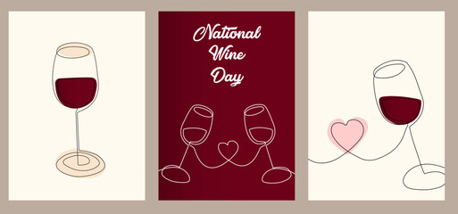 Set of Posters with wine glasses in line art style, one solid line. Modern design. National Wine Day. Holiday concept, logo. Template for background, banner, card, poster with text inscription.