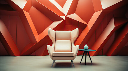 Red wingback chair and white sofa in bright room, Suprematism style interior design of modern living room with abstract geometric shapes