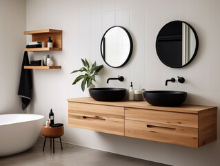 Ensuite bathroom with wall mounted timber vanity and black sink and pill shaped mirrors. Luxury hotel. - obrazy, fototapety, plakaty