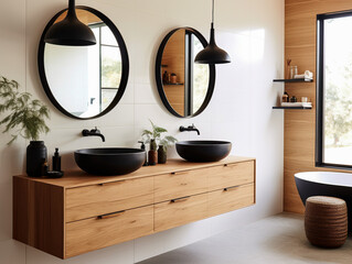 Ensuite bathroom with wall mounted timber vanity and black sink and pill shaped mirrors. Luxury hotel. - obrazy, fototapety, plakaty