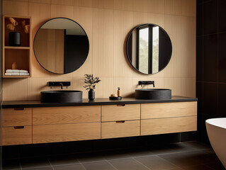 Ensuite bathroom with wall mounted timber vanity and black sink and pill shaped mirrors. Luxury hotel.