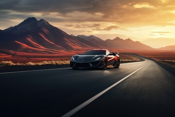 Fast sports car on road with shaped mountains in background, travel abroad concept.