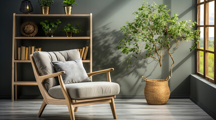 Wooden shelf unit and gray armchair, Scandinavian style interior design of modern living room - obrazy, fototapety, plakaty