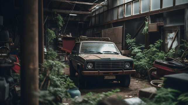 An old rusty abandoned classic car in a old shed overgrown with weeds and vines. Generative AI.