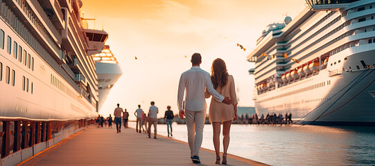young couple on the background of a cruise liner