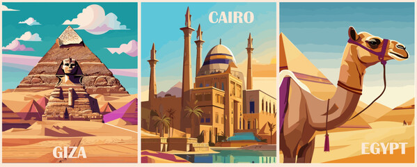 Fototapeta Set of Travel Destination Posters in retro style. Cairo, Giza, Egypt prints with pyramids and camel on the background. Summer vacation, international holidays concept. Vintage vector illustrations. obraz