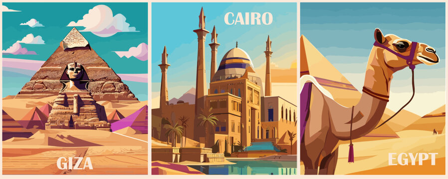 Set of Travel Destination Posters in retro style. Cairo, Giza, Egypt prints with pyramids and camel on the background. Summer vacation, international holidays concept. Vintage vector illustrations.