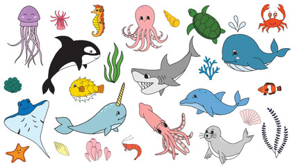 Fish and wild marine animals are isolated on white background. Inhabitants of the sea world, cute, funny underwater creatures dolphin, shark, ocean crabs, sea turtle, shrimp. Flat cartoon illustration