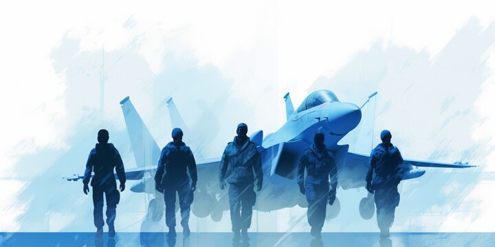 Blue  aquarelle of Modern Airforce Soldiers and Jet Fighter, Showcased with Digital Airbrushing, Portraying the Strength and Precision of Military Aviation
