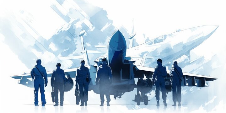 Blue  aquarelle of Modern Airforce Soldiers and Jet Fighter, Showcased with Digital Airbrushing, Portraying the Strength and Precision of Military Aviation