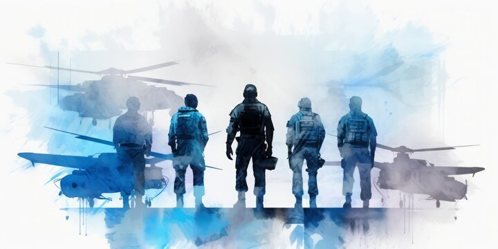Blue  aquarelle of Modern Airforce Soldiers and Jet Fighter, Showcased with Digital Airbrushing, Portraying the Strength and Precision of Military Aviation