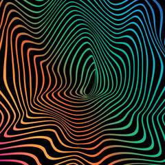 Modern liquify lines colorful rainbow  black background. Abstract liquify line background. Groovy 70s background wavy lines banner. Abstract swirl geometric illustration