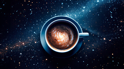 mug of hot chocolate viewed from above in the middle of a star filled navy blue night sky 