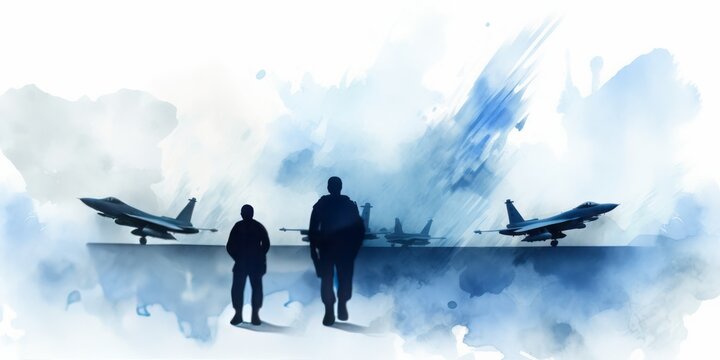 Blue  aquarelle of Modern Airforce Soldiers and Jet Fighter, Showcased with Digital Airbrushing, Portraying the Strength and Precision of Military Aviation