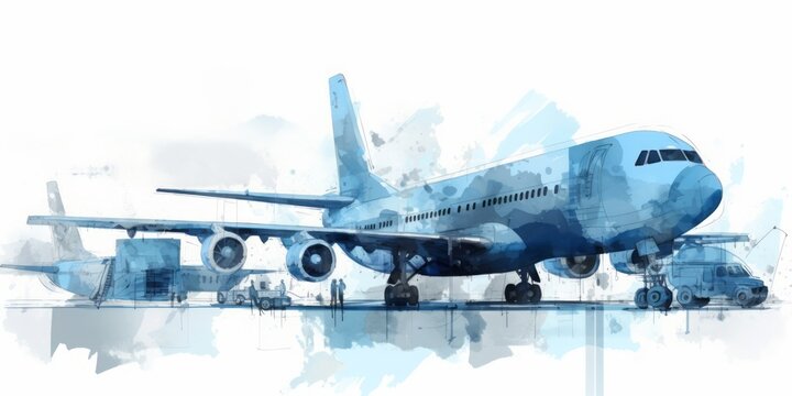 Blue  aquarelle Plane Silhouettes at the Airport, Crafted in the Artistic Style of Digital Airbrushing, Representing the Elegance and Serenity of Air Travel