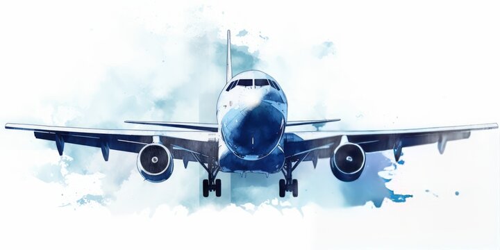 Blue  aquarelle Plane Silhouettes at the Airport, Crafted in the Artistic Style of Digital Airbrushing, Representing the Elegance and Serenity of Air Travel