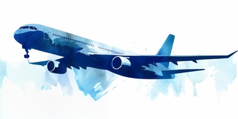 Blue  aquarelle Plane Silhouettes at the Airport, Crafted in the Artistic Style of Digital Airbrushing, Representing the Elegance and Serenity of Air Travel
