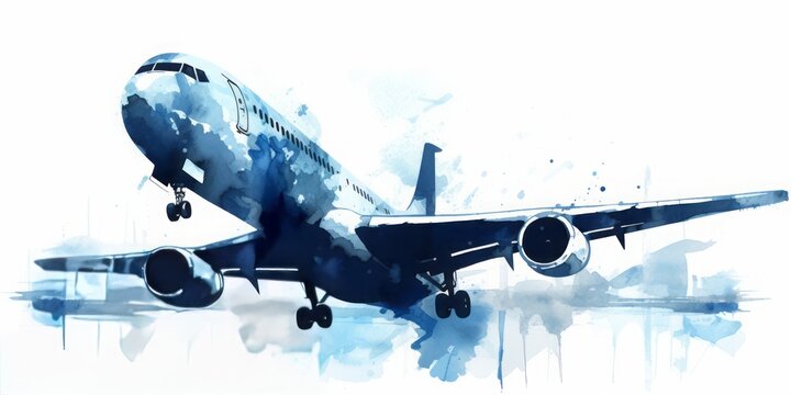 Blue  aquarelle Plane Silhouettes at the Airport, Crafted in the Artistic Style of Digital Airbrushing, Representing the Elegance and Serenity of Air Travel