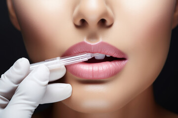 Young woman getting botox cosmetic injection in the lips, the concept of skin care, aesthetic medicine, cosmetology and anti-aging