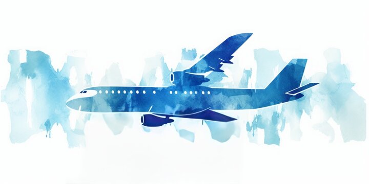 Blue  aquarelle Plane Silhouettes at the Airport, Crafted in the Artistic Style of Digital Airbrushing, Representing the Elegance and Serenity of Air Travel