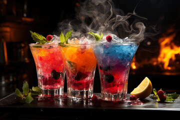 Refreshment multicolor fruit cocktail with ice, lemon and mint in a bar, night club party with soft...