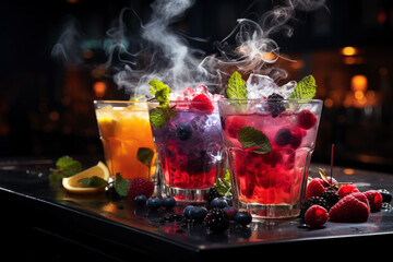 Refreshment multicolor fruit cocktail with ice, lemon and mint in a bar, night club party with soft drinks - obrazy, fototapety, plakaty