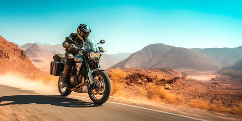 motorcyclist speeding down the road in the desert