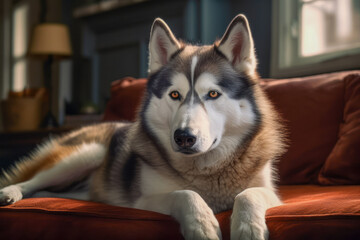 Siberian Husky dog lying on couch looking away