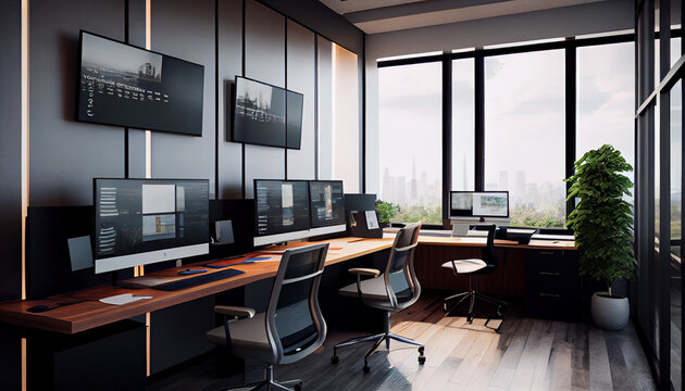 Modern office with comfortable, collaborative spaces designed for teamwork and productivity, office room interior Ai generated image 